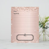 Roos gouden glitter recept kookboek pagina insert (Staand voorkant)