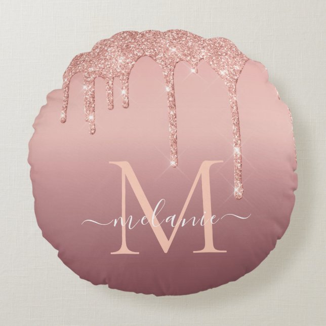 Roos Gouden Glitter Ronde Kussen Aangepaste Letter (Voorkant)