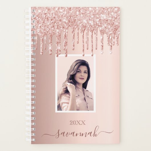 Roos gouden glitter roze aangepaste foto naam planner (Voorkant)