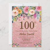 Roos Gouden Glitter Roze Bloemen 100e Verjaardag Kaart (Voorkant)