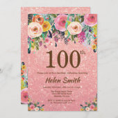 Roos Gouden Glitter Roze Bloemen 100e Verjaardag Kaart (Voorkant / Achterkant)