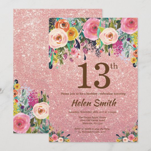 Roos Gouden Glitter Roze Bloemen 13e Verjaardag Kaart (Voorkant / Achterkant)