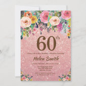 Roos Gouden Glitter Roze Bloemen 60ste Verjaardag Kaart (Voorkant)