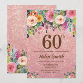Roos Gouden Glitter Roze Bloemen 60ste Verjaardag Kaart (Voorkant / Achterkant)