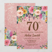 Roos Gouden Glitter Roze Bloemen 70e Verjaardag Kaart (Voorkant / Achterkant)