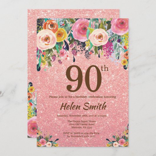 Roos Gouden Glitter Roze Bloemen 90ste Verjaardag Kaart (Voorkant / Achterkant)