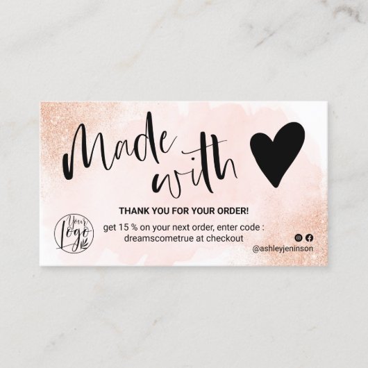 Roos Gouden glitter roze borstel logo dank u Visitekaartje (Voorkant)