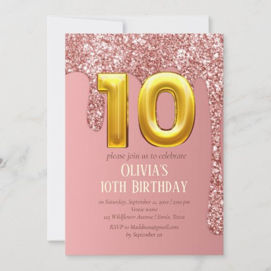 Roos Gouden Glitter Roze Meisje 10e Verjaardag Kaart (Voorkant)