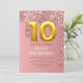 Roos Gouden Glitter Roze Meisje 10e Verjaardag Kaart (Staand voorkant)