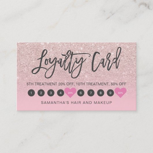Roos gouden glitter roze ombre scriptmake-up 10 klantenkaartje (Voorkant)