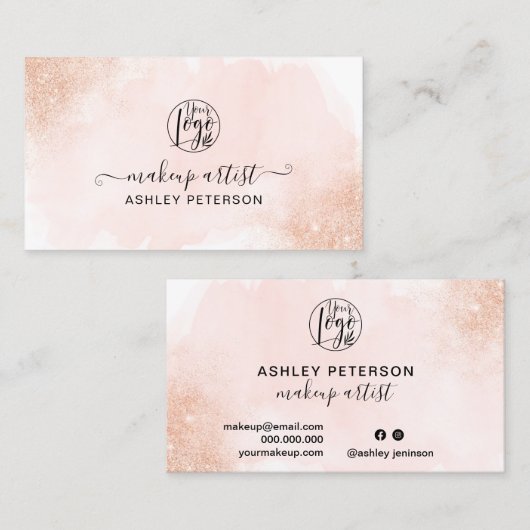 Roos Gouden glitter roze penseelstreek logo make-u Visitekaartje (Voorkant / Achterkant)