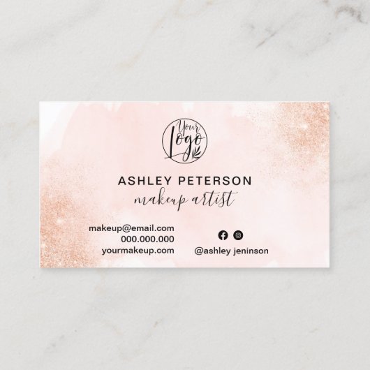 Roos Gouden glitter roze penseelstreek logo make-u Visitekaartje (Achterkant)