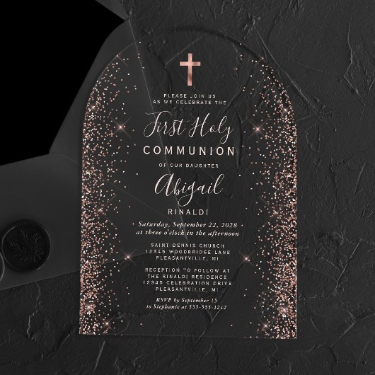 Roos Gouden Glitter Roze Tekstboog Eerste Communie Acryl Uitnodigingen