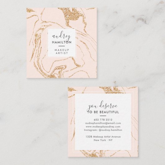 Roos gouden glitter roze wit marmer elegante make- vierkante visitekaartje (Voorkant / Achterkant)