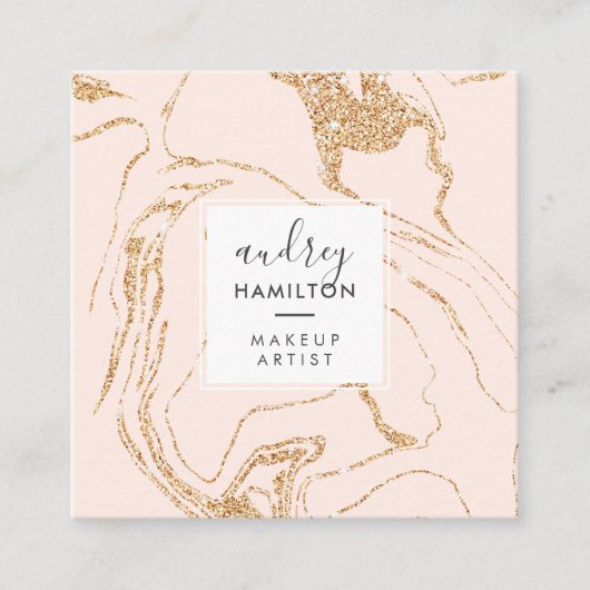 Roos gouden glitter roze wit marmer elegante make- vierkante visitekaartje (Voorkant)