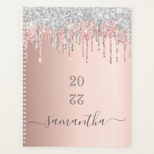 Roos gouden glitter roze zilveren monogram 2025 planner (Voorkant)