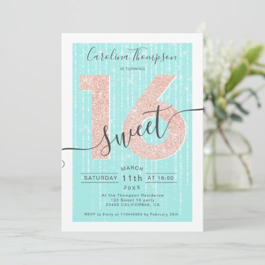 Roos gouden glitter script blauwgroen licht Sweet Kaart (Staand voorkant)