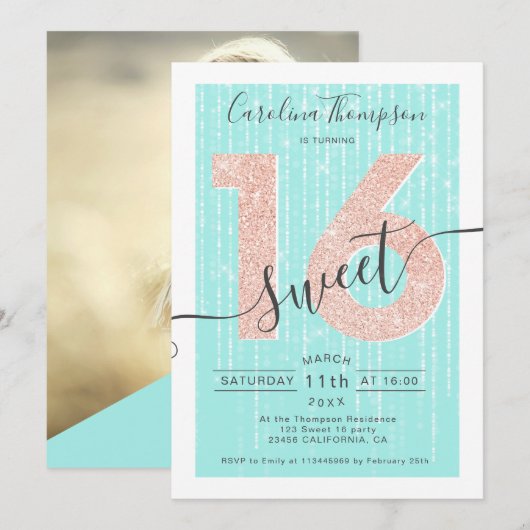 Roos gouden glitter script blauwgroen licht Sweet  Kaart (Voorkant / Achterkant)