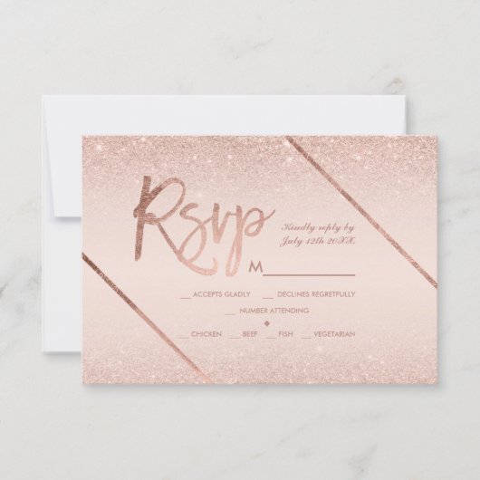 Roos gouden glitter script blush roze rsvp bruilof kaartje (Voorkant)