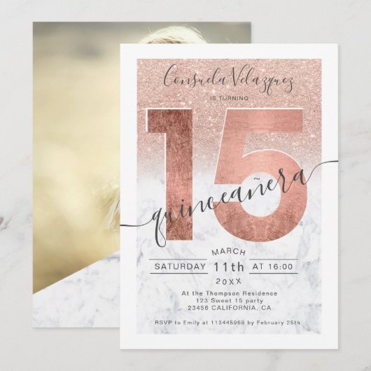 Roos gouden glitter script marmer quinceanera foto kaart (Voorkant / Achterkant)