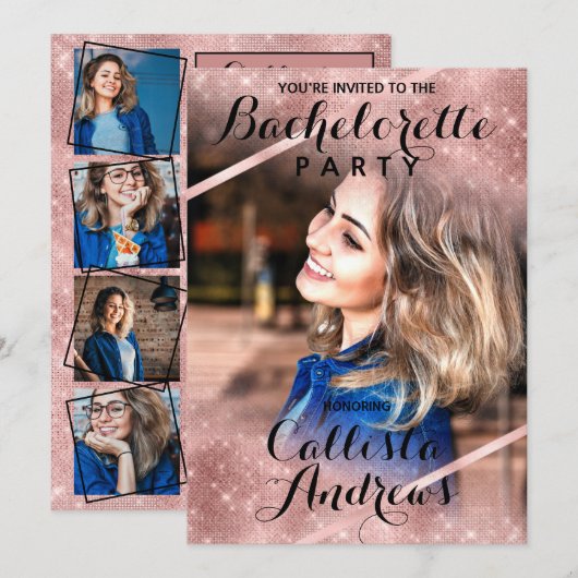 Roos Gouden Glitter Sequin Hoek Foto Bachelorette Kaart (Voorkant / Achterkant)