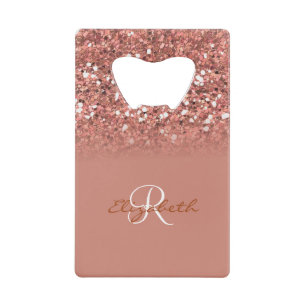 Roos Gouden Glitter Sequin Monogram Stijlvol Creditkaart Flessenopener
