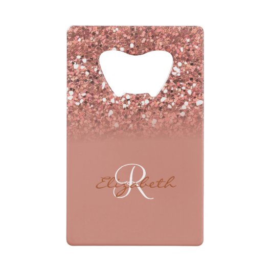 Roos Gouden Glitter Sequin Monogram Stijlvol Creditkaart Flessenopener (Voorkant)