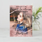 Roos Gouden Glitter Sequins Hoeken Foto Sweet 16 Kaart (Staand voorkant)