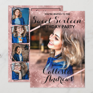Roos Gouden Glitter Sequins Hoeken Foto Sweet 16 Kaart