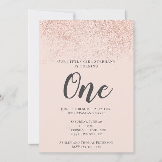 Roos Gouden Glitter Sparkle 1e Verjaardag Blush Fo Kaart (Achterkant)