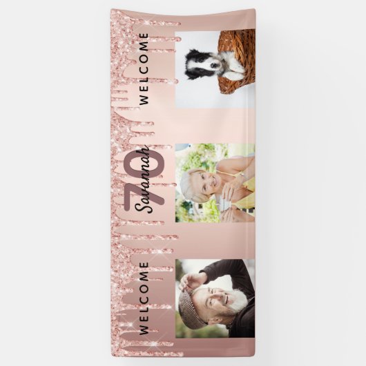 Roos gouden glitter sparkle 70e verjaardag spandoek (Verticaal)