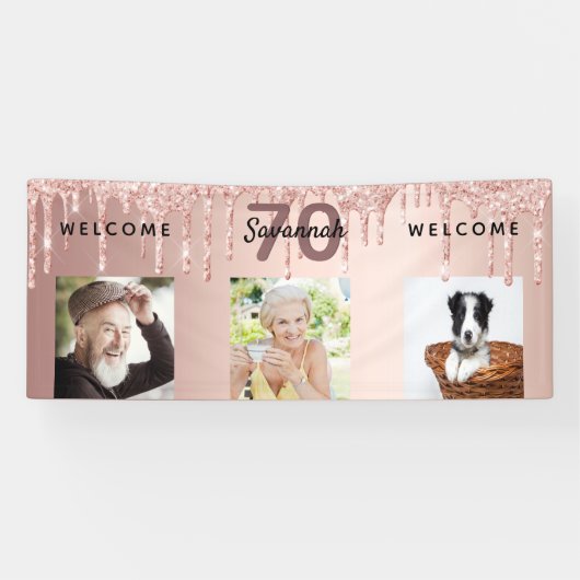 Roos gouden glitter sparkle 70e verjaardag spandoek (Horizontaal)