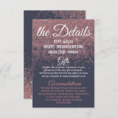 Roos Gouden Glitter Sparkle Navy Blue Wedding Deta Informatiekaartje (Voorkant / Achterkant)