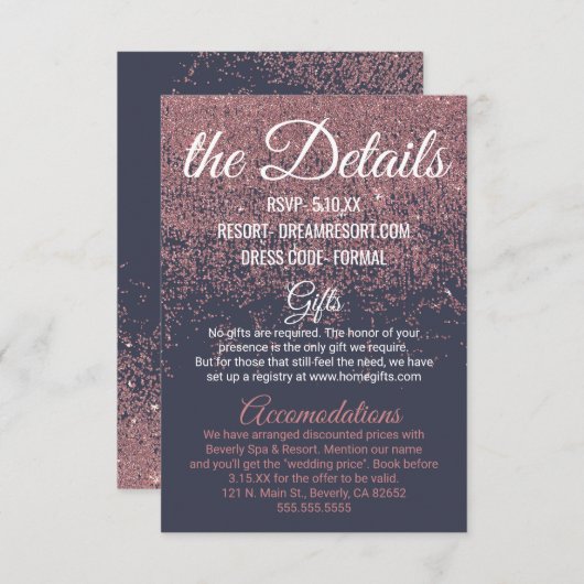 Roos Gouden Glitter Sparkle Navy Blue Wedding Deta Informatiekaartje (Voorkant / Achterkant)