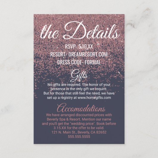 Roos Gouden Glitter Sparkle Navy Blue Wedding Deta Informatiekaartje (Voorkant)