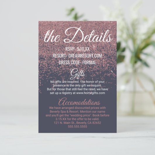 Roos Gouden Glitter Sparkle Navy Blue Wedding Deta Informatiekaartje (Staand voorkant)