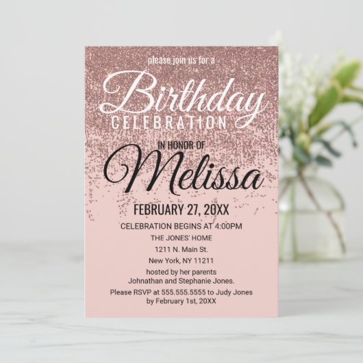 Roos Gouden Glitter Sparkles Blush Roze Verjaardag Kaart (Staand voorkant)