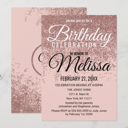 Roos Gouden Glitter Sparkles Blush Roze Verjaardag Kaart (Voorkant / Achterkant)