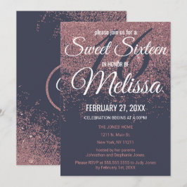 Roos Gouden Glitter Sparkles Navy Blue Sweet 16 Kaart