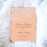 Roos gouden glitter sparkles perzik zoet zestien kaart<br><div class="desc">Een moderne,   chique en elegante rozen gouden glitter shower ombre met perzikkleurenblok Sweet 16 verjaardagsfeestuitnodiging.</div>