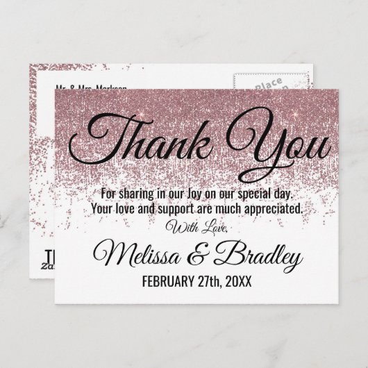 Roos Gouden Glitter Sparkles Wit Dank u Briefkaart (Voorkant / Achterkant)