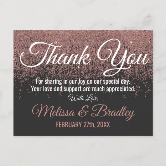 Roos Gouden Glitter Sparkles Zwart Bedankt Briefkaart (Voorkant)