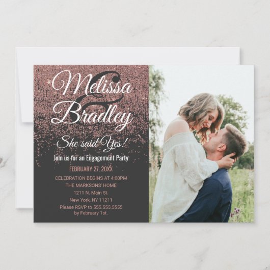 Roos Gouden Glitter Sparkles Zwart Verloving Kaart (Voorkant)