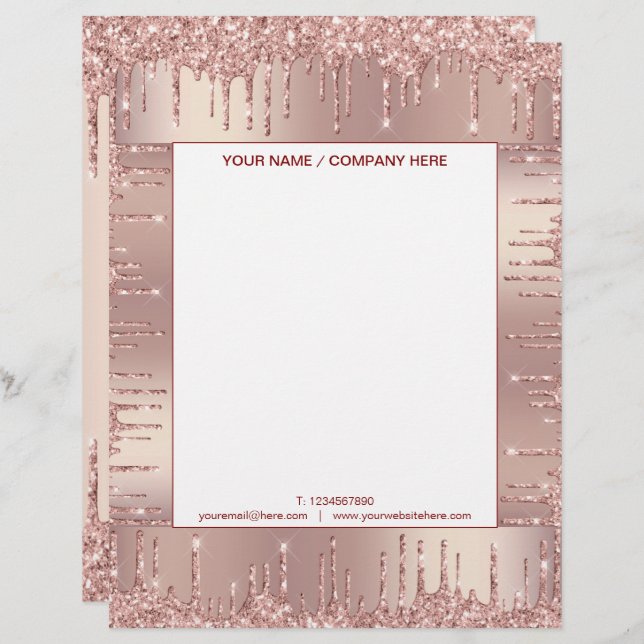 Roos Gouden Glitter Sparkly Letterhead Gepersonali Briefhoofd (Voorkant / Achterkant)