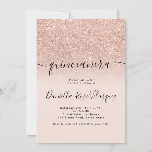 Roos gouden glitter sprankelt roze ombre quinceane kaart (Voorkant)