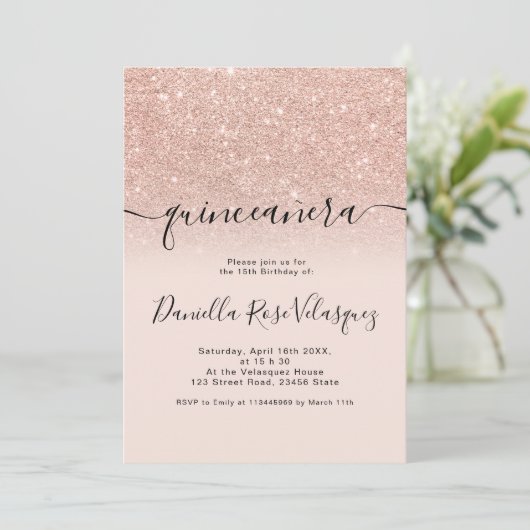 Roos gouden glitter sprankelt roze ombre quinceane kaart (Staand voorkant)