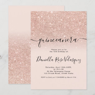 Roos gouden glitter sprankelt roze ombre quinceane kaart
