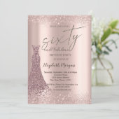 Roos Gouden Glitter Stofrand Jurk 60e Verjaardag Kaart (Staand voorkant)