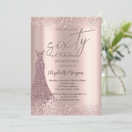 Roos Gouden Glitter Stofrand Jurk 60e Verjaardag Kaart (Staand voorkant)