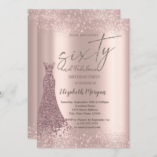 Roos Gouden Glitter Stofrand Jurk 60e Verjaardag Kaart (Voorkant / Achterkant)
